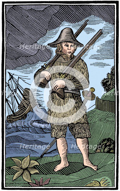 Robinson Crusoe, chapbook cut, 18th century (1964). Artist: Anon.