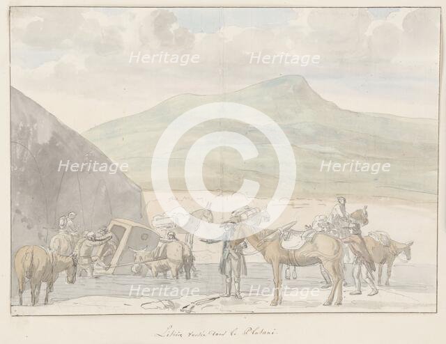 Tour company sedan chair overturns near river Platini, 1778. Creator: Louis Ducros.