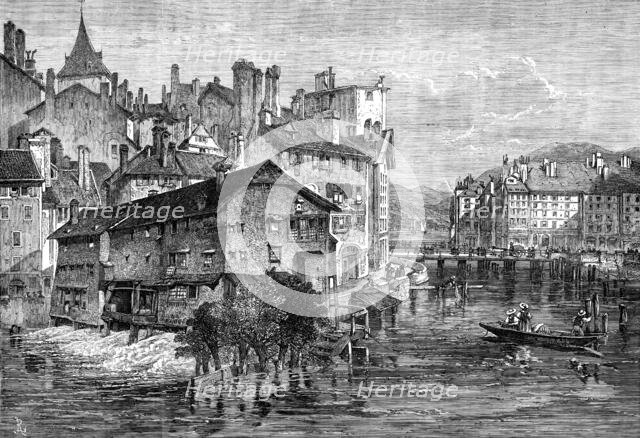 Old tanneries on the Rhone, Geneva, 1871. Creator: Unknown.