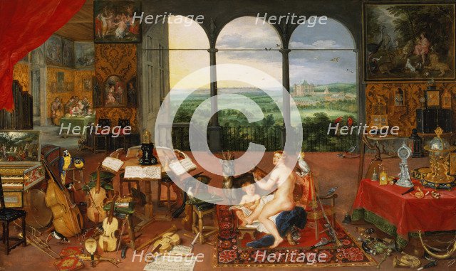 The Hearing', represented by a naked nymph singing with a lute, at her side a winged cherub and a…