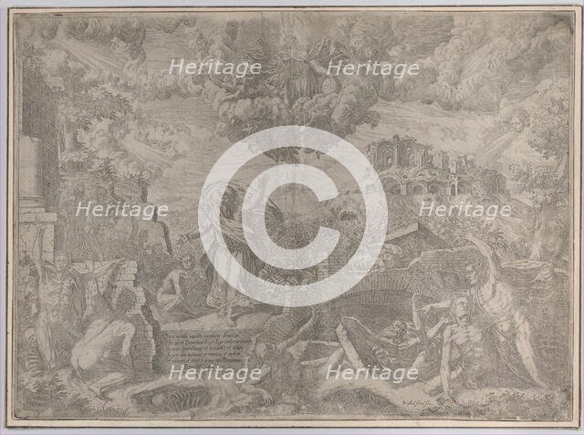 The vision of Ezekiel, with the dead rising and putting on their flesh, God the Father abo..., 1579. Creator: Giovanni Battista Fontana.