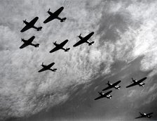 Hawker Hurricanes flying in formation, Battle of Britain, World War II, 1940. Artist: Unknown