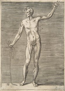Man seen from the Front, holding a Rope in his right Hand, 16th century. Creator: Giulio Bonasone.