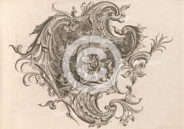 Design for a Cartouche and Representation of 'Hearing', Plate 3 from 'Neu I..., Printed ca. 1750-56. Creator: Johann Georg Pintz.