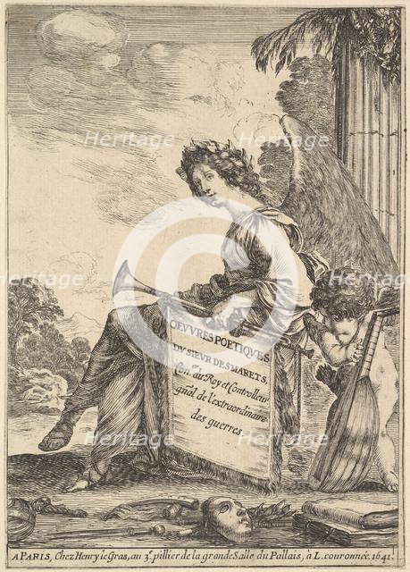 Frontispiece for 'Poems by Desmarets' (Oeuvres poétiques de Desmarets): a winged woman rep..., 1641. Creator: Stefano della Bella.