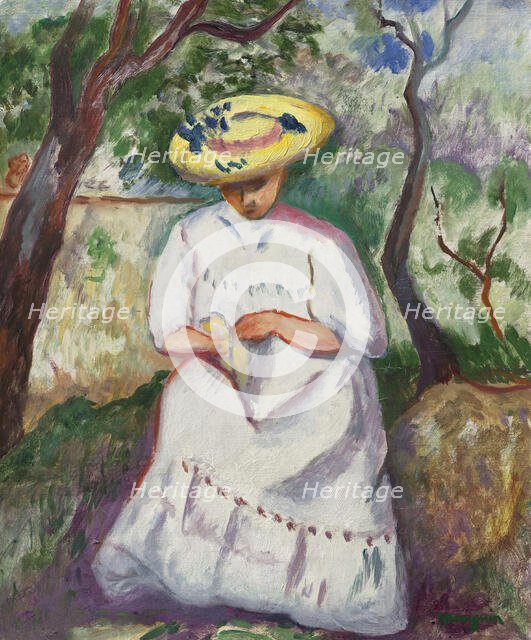 Jeanne sewing under a cork oak, Villa Demière, 1907. Creator: Manguin, Henri Charles (1874-1949).