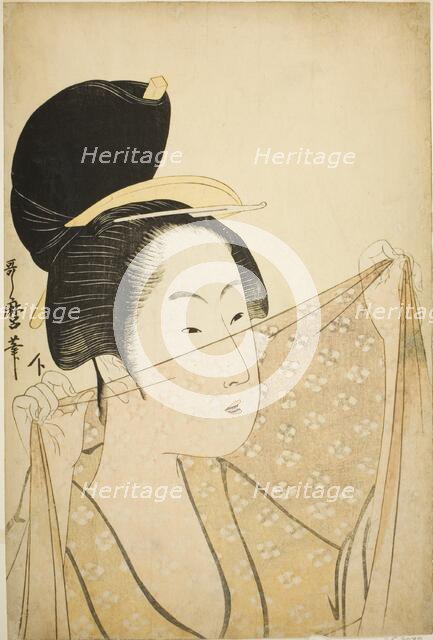 Woman Holding up a Piece of Fabric (Nuno o kazasu onna), Japan, c. 1795/96. Creator: Kitagawa Utamaro.