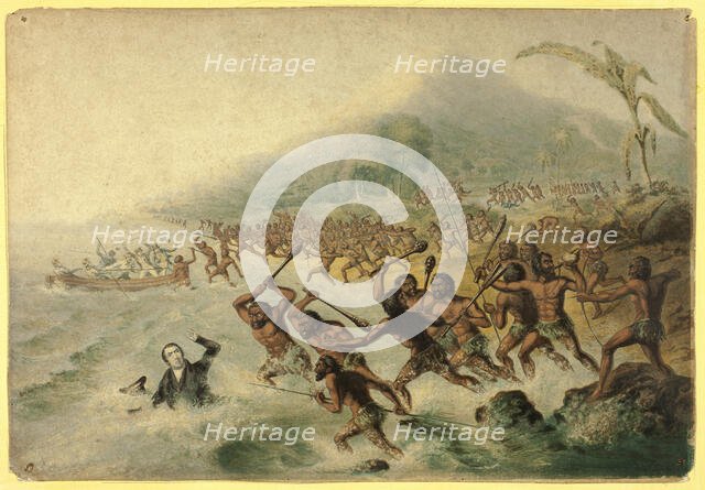 The Massacre of the Lamented Missionary, The Rev. J. Williams and Mr Harris, 1841. Creator: George Baxter.