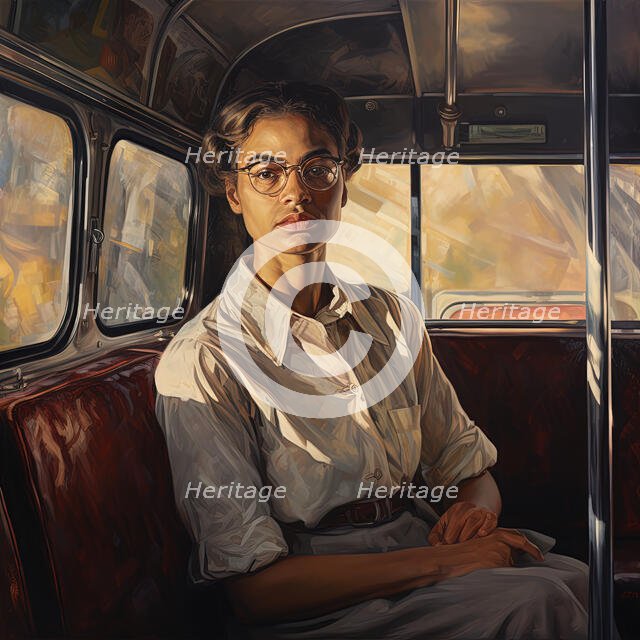 AI IMAGE - Portrait of Rosa Parks sitting on a bus, 1950s, (2023). Creator: Heritage Images.