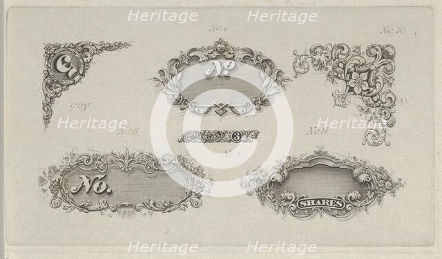 Banknote motifs: six small lathe work designs for corners, frames and numbers, ca. ..., ca. 1824-42. Creator: Durand, Perkins & Co.