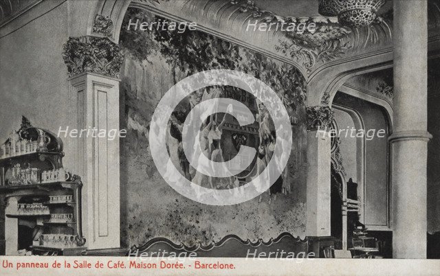 Panel of the room of the Café Maison Dorée in Barcelona, ??photography of 1915, postcard.