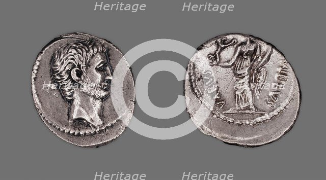 Denarius (Coin) Portraying Mark Antony, 42 BCE, issued by C. Vibius Varus. Creator: Unknown.