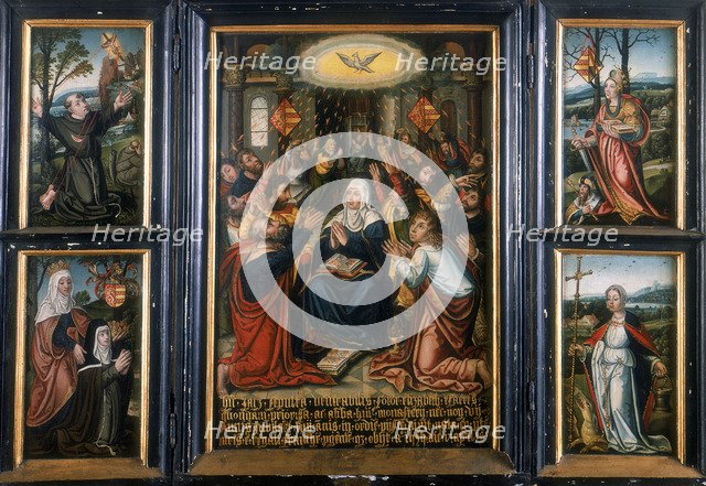 Triptych, with the central panel showing the Holy Spirit at Pentecost. Artist: Unknown