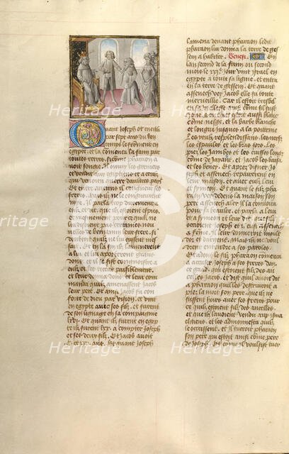 Joseph Leading his Father Jacob before Pharaoh; Miroir Historial, about 1475. Creator: Unknown.