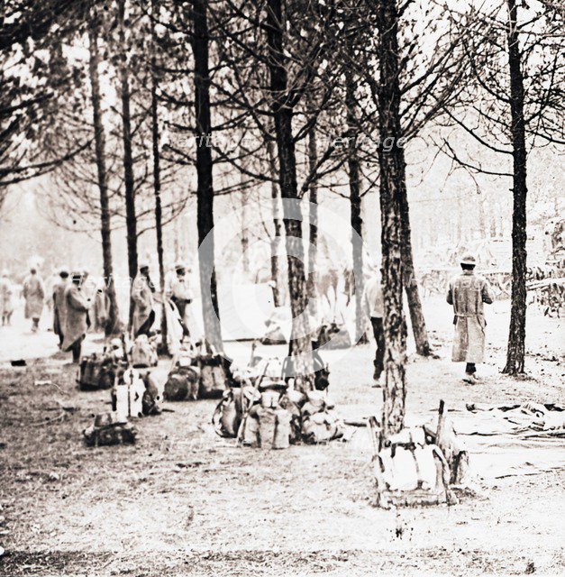 Soldiers and packs in woods, c1914-c1918. Artist: Unknown.
