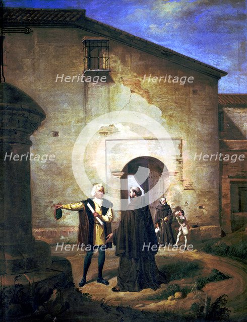 Christopher Columbus (1451 - 1506), navigator and explorer, oil painting 'Arrival at La Rabida fo…