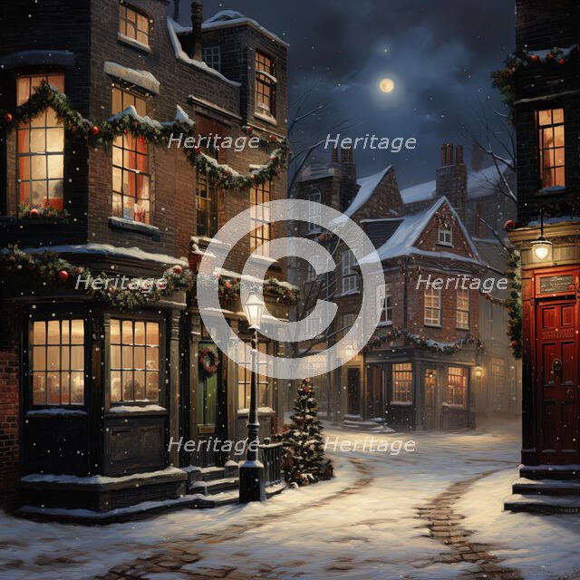AI Image - Illustration of a Dickensian Christmas street scene, 2023. Creator: Heritage Images.