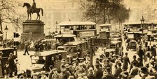 Traffic in Trafalgar Square, London, 1933.  Creator: Unknown.