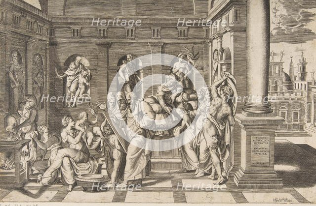 The birth of Saint John the Baptist set within a classical building, ca 1531-76 Creator: Giulio Bonasone.