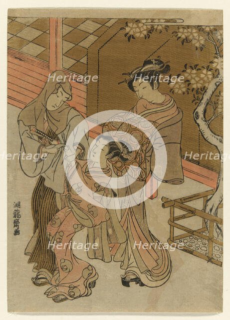 Courtesan Watching her Attendant Detain Hooded Man, c. 1772. Creator: Isoda Koryusai.