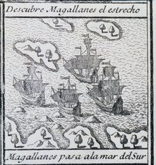 The fleet of ships Trinidad, led by Magellan, Concepción, San Antonio and Victoria on its way to …
