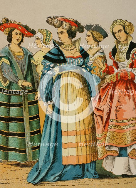 Women's dresses from different social classes, German, 1500-1550, (1881).  Creator: Unknown.