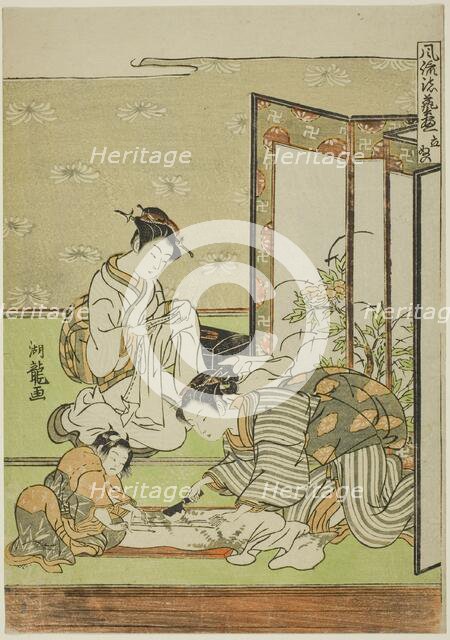 Cutting and Sewing (Tachinui), from the series "Collection of of Fashionable..., c. 1770/72. Creator: Isoda Koryusai.