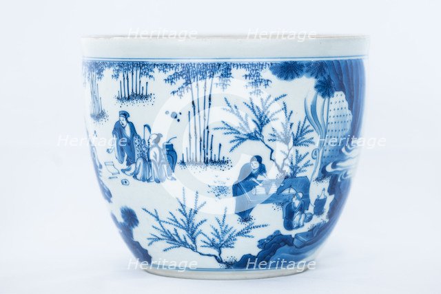 Deep blue and white fish bowl of sages in bamboo grove, 1630-1650. Artist: Unknown.