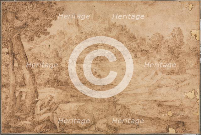 Saint Jerome in a Landscape, c. 1530. Creator: Domenico Campagnola (Italian, 1500-1564).