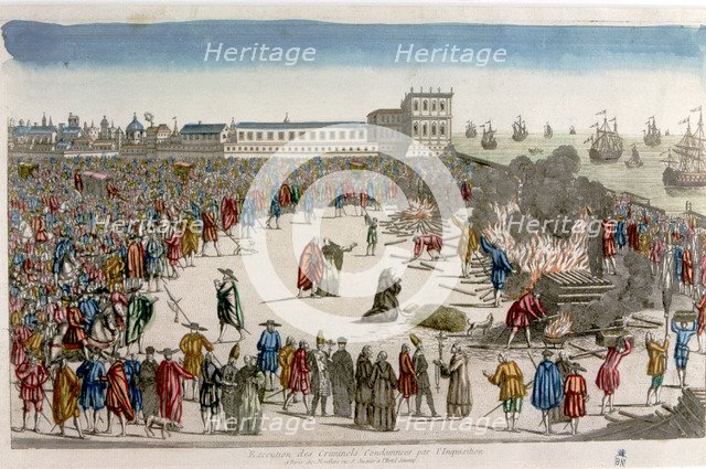 Square with the audience watching an execution 'The quemadero', colored engraving.