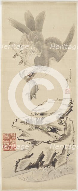 Hawk and fish, late 18th-early 19th century. Creator: Hokusai.