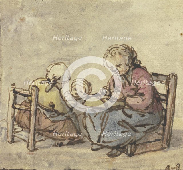 Three girls, the oldest making lace, c1650-1660. Creator: Adriaen van Ostade.