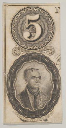 Banknote motifs: the number 5 and a portrait of Thayendanegea, ca. 1824-37. Creator: Attributed to Asher Brown Durand.