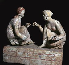 Terracotta group of 'knucklebone' (astragalos) players, Hellenistic Greek, c330-c300 BC. Artist: Unknown