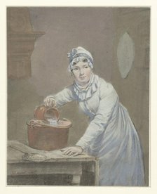 Maid pours milk into a saucepan, 1799. Creator: Jean Baptiste Mallett.