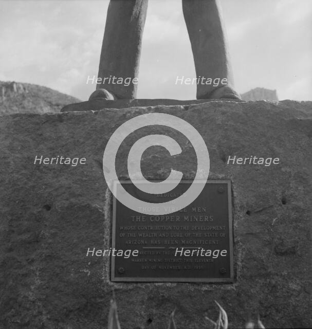 Inscription on monument dedicated to the copper miners of Arizona, Bisbee, Arizona, 1937. Creator: Dorothea Lange.