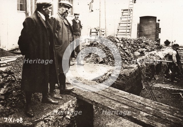 Building foremen examine work on site at Rowntree factory, Haxby Road,York, Yorkshire, 1908. Artist: Unknown