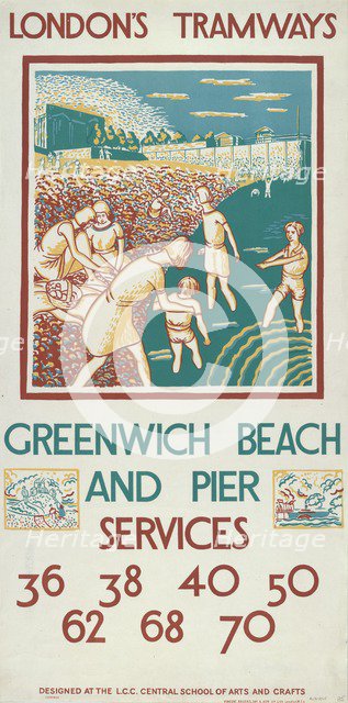 'Greenwich Beach and Pier', London County Council (LCC) Tramways poster, 1925. Artist: Morris Kestelman
