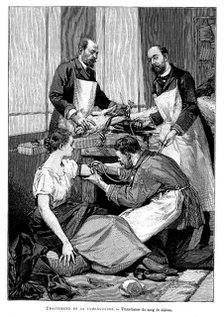 A tuberculosis patient being given a transfusion of goat's blood, 1891. Artist: Unknown