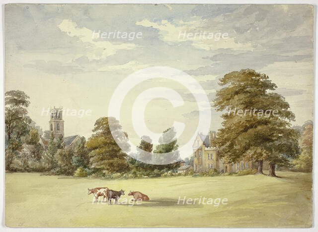 Cows before Manor House and Church, n.d. Creator: Elizabeth Murray.