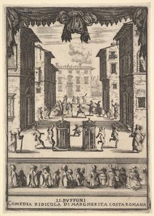 Frontispiece for the comedy 'The Buffoons' (Li Buffoni), a set on stage resembling a pu..., 1639-41. Creator: Stefano della Bella.