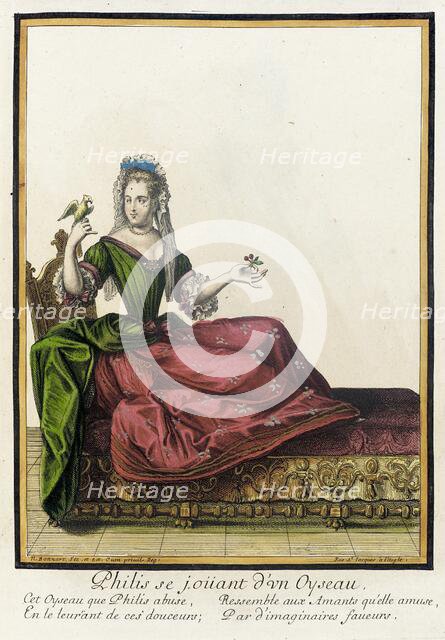 Recueil des modes de la cour de France, 'Philis se Joüant d'un Oyseau', between c1682 and c1686. Creator: Nicolas Bonnart.