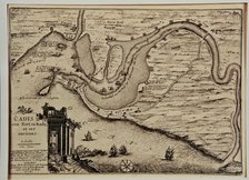 Schematic drawing of the harbor and the roads of the bay of Cadiz, at left drawing of the Pillars…