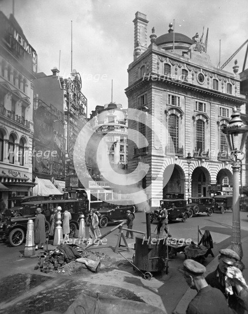 Roadworks in Piccadilly Circus, north side, Westminster, London, (c1910s?). Artist: Unknown