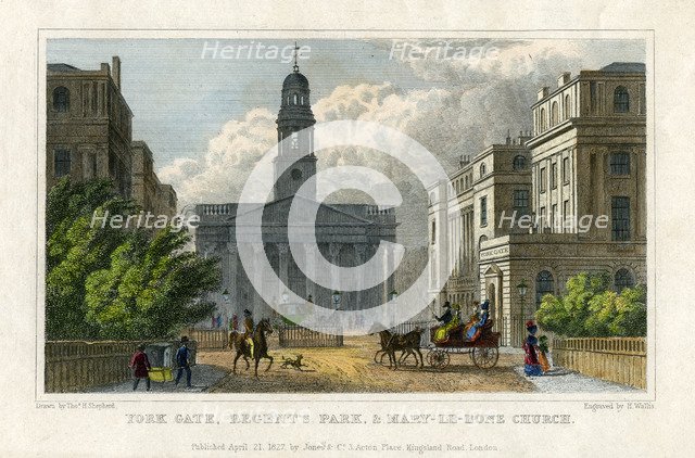 York Gate, Regent's Park, and Mary-le-Bone Church, London, 1827. Artist: H Wallis