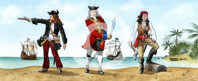 Anne Bonny, John 'Calico Jack' Rackam and Mary Read, 18th Century Pirates.Artist: Karen Humpage