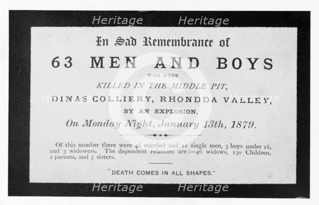 Dinas Colliery Explosion, memorial card, 1879. Creator: Unknown.