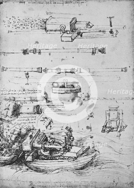 'Studies of Mortars, One Firing from a Boat, and of Canon', c1480 (1945). Artist: Leonardo da Vinci.