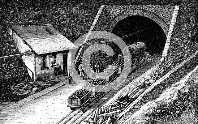 Railway entering the Saint - Gothard tunnel, in the Swiss Alps, engraving 1877.