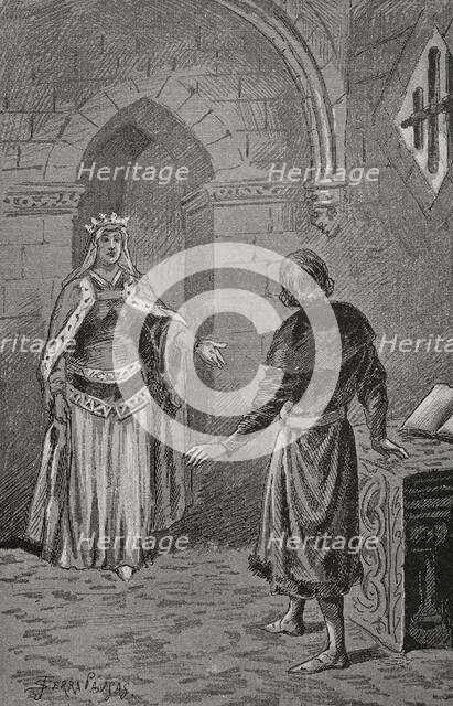 The Queen consort of Aragon Juana Enríquez (1425-1468) visits Charles, Prince of Viana..., 1890.  Creator: Joan Serra y Pausas.